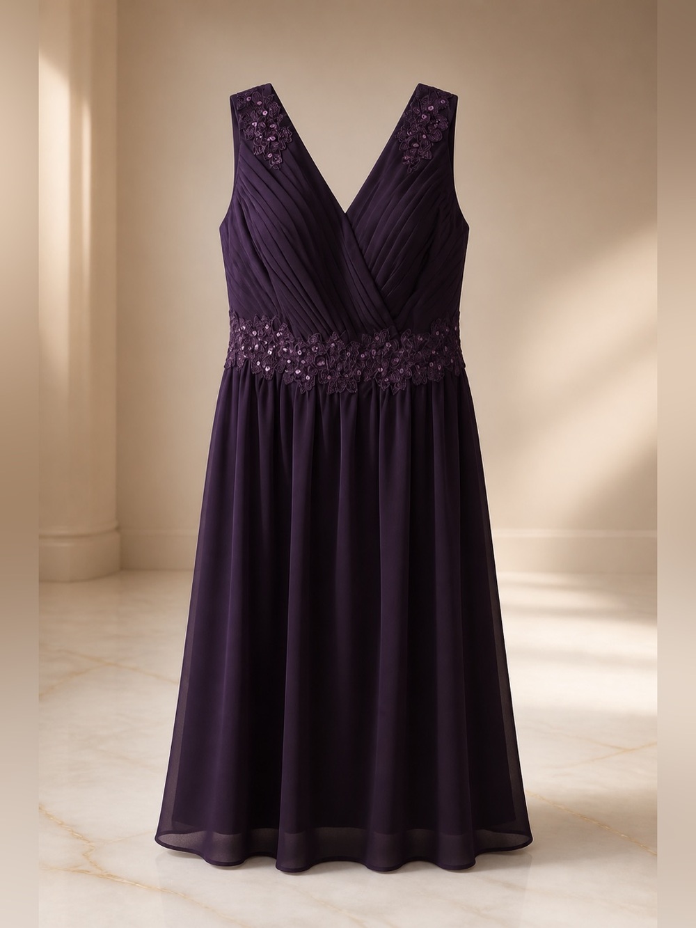 V-Neck Embellished Chiffon Maxi Dress in Plum